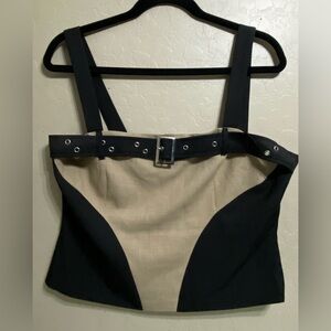 Black and Tan Sleeveless Crop Top with Belt Detail